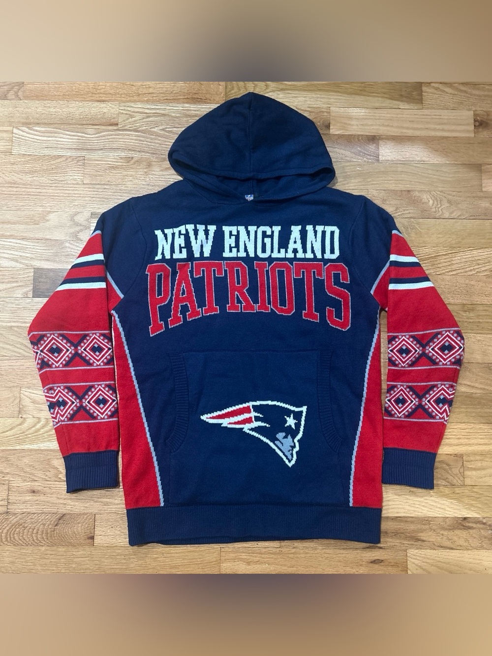 NFL New England Patriots Navy and Red Hooded Knit Sweater